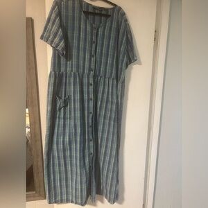 Vintage 100% Cotton Blue and Green Plaid Button-Up Dress